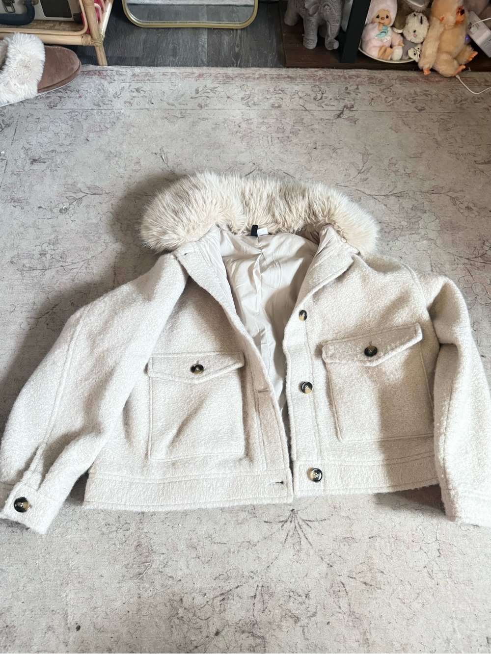 H&M Cream Teddy Faux-Fur Trim Jacket